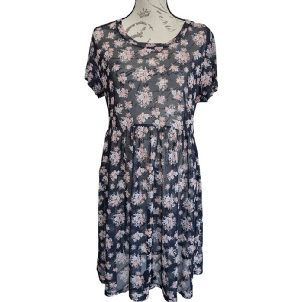 NWOT Ultra Flirt Women's Black Floral Mesh Overlay Short Sleeve Mini Dress Large